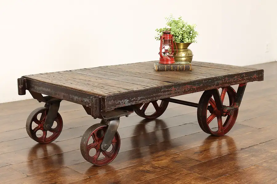 Main image of Farmhouse Antique Industrial Salvage Oak Railroad Cart, Coffee Table