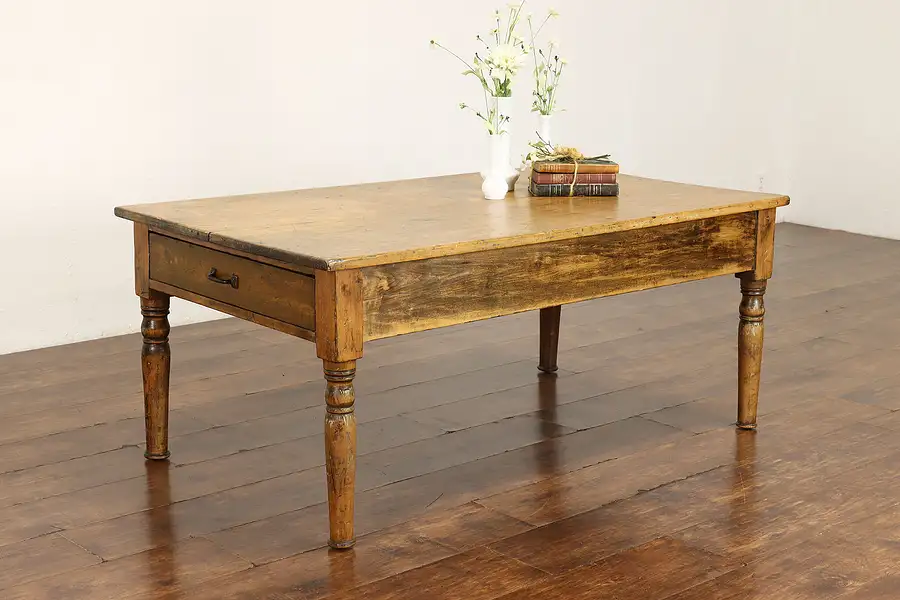 Main image of Farmhouse Victorian Antique Rustic Pine Large Coffee Table with Drawer