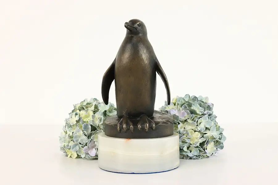 Main image of Bronze Penguin Statue on Onyx Base Vintage Sculpture, Mendla