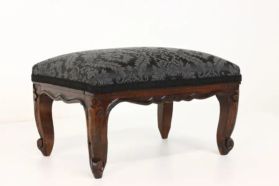 Main image of Country French Carved Beech Antique French Footstool, New Upholstery