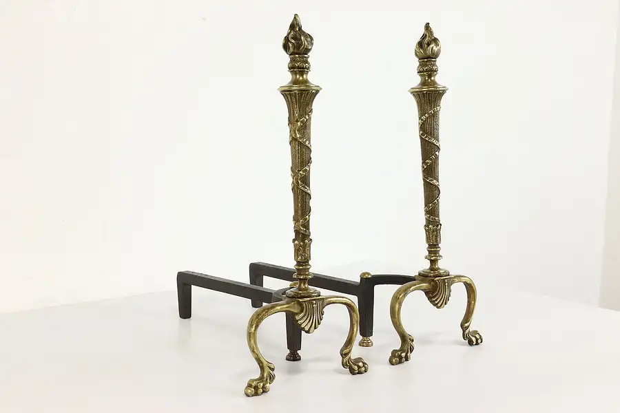 Main image of Pair of Neoclassic Antique Brass & Iron Torch Shape Fireplace Andirons