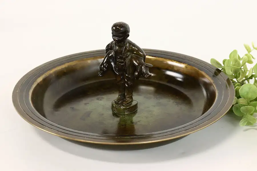 Main image of Boy With Pigs Farmhouse Antique Danish Bronze Ashtray or Jewelry Tray