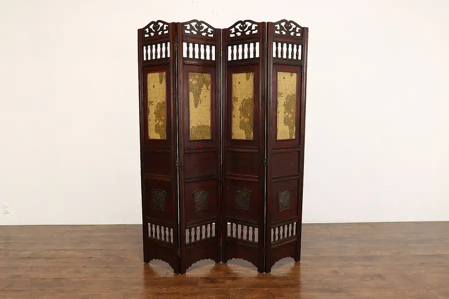 Main image of Asian Vintage Carved Fruitwood & Leather Map & Palm 4 Panel Screen