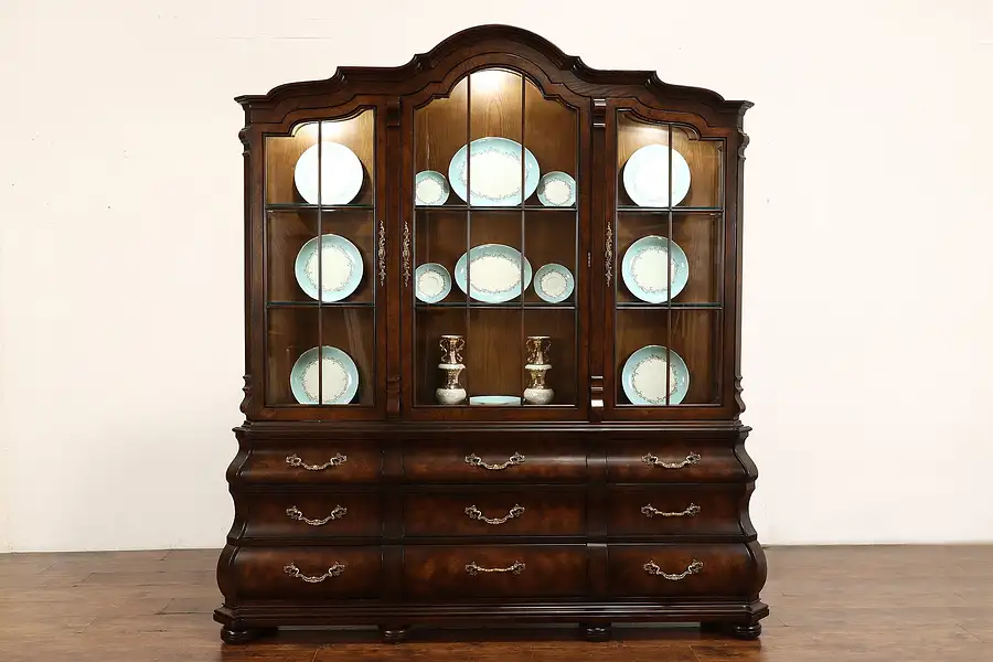 Main image of Bombe Vintage Oak & Burl Breakfront China Display Cabinet, Henredon