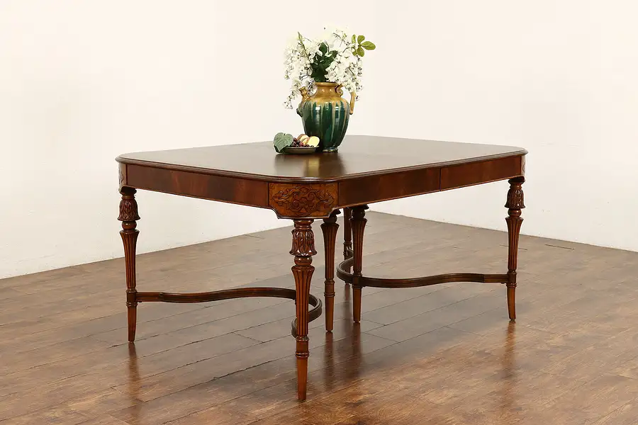 Main image of French Design Vintage Carved Walnut Dining Table, 3 Leaves, Berkey & Gay