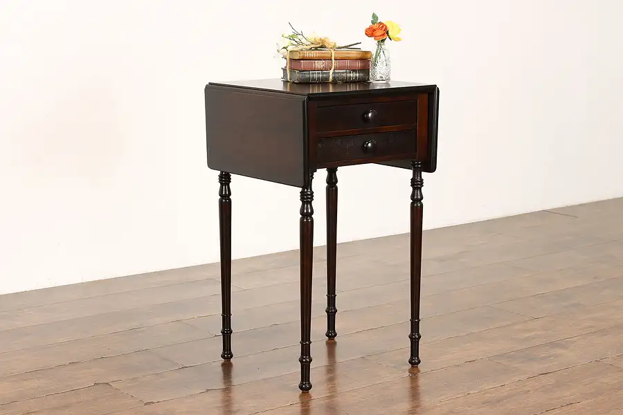 Main image of Traditional Antique Solid Mahogany Drop Leaf Nightstand or Side Table