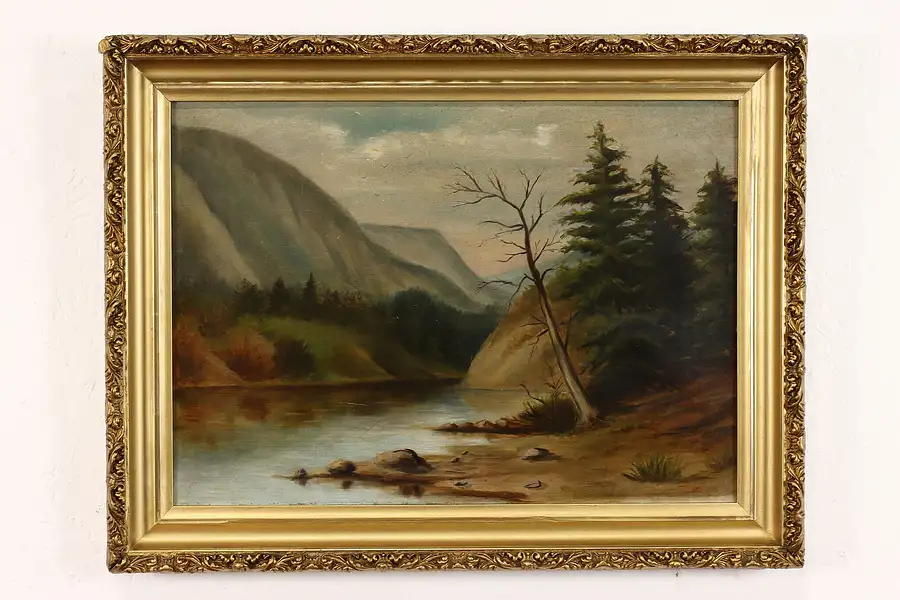 Main image of River Flowing Beneath Mountain Antique Original Oil Painting 25.5"