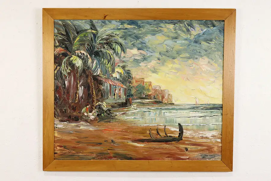 Main image of Miami City Beach and Ocean Vintage Original Oil Painting, Vandercar 33.5"