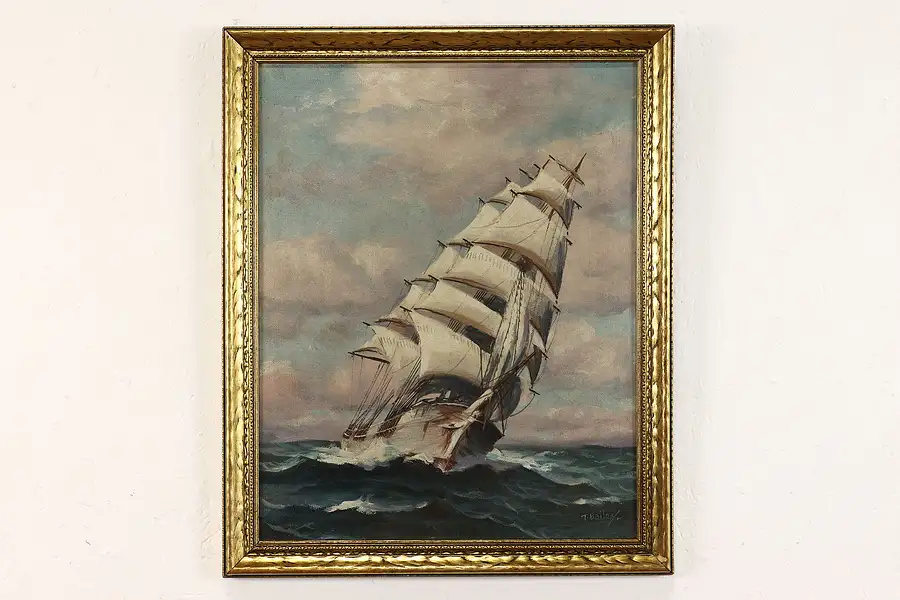 Main image of Sailing Ship Cutting Through Waves Vintage Original Oil Painting 23"