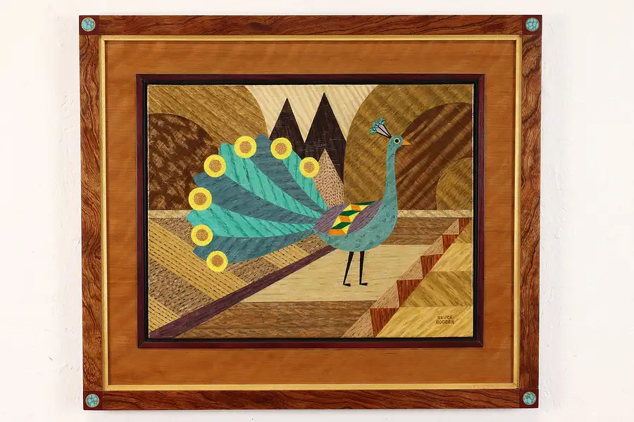 Main image of Peacock Faux Marquetry Vintage Original Acrylic Painting, Bodden 25.5"