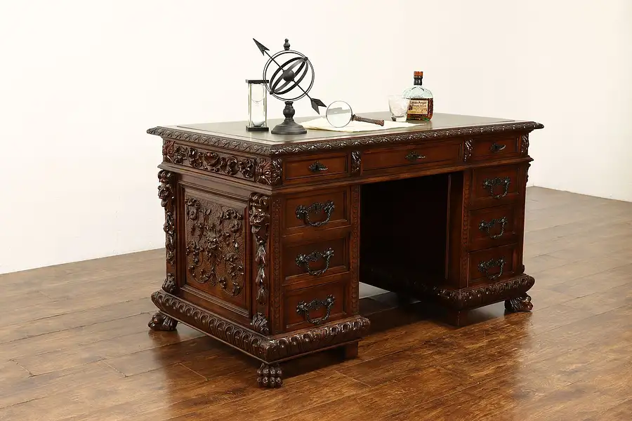 Main image of Italian Renaissance Antique Walnut Office or Library Desk, Carved Lions