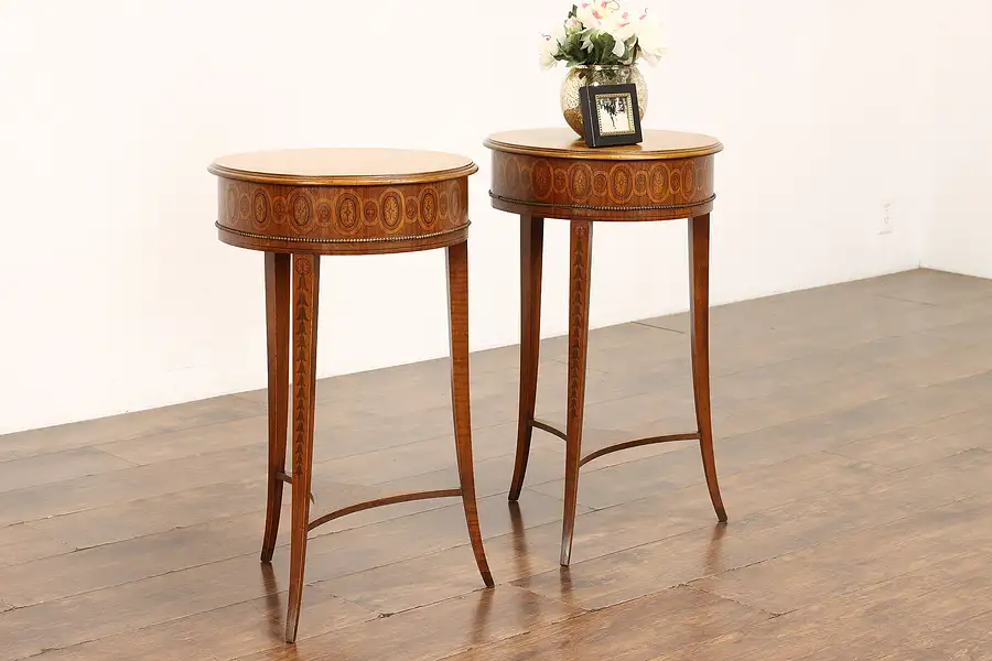 Main image of Pair of Vintage Neoclassic Satinwood & Marquetry Lamp, End or Side Tables