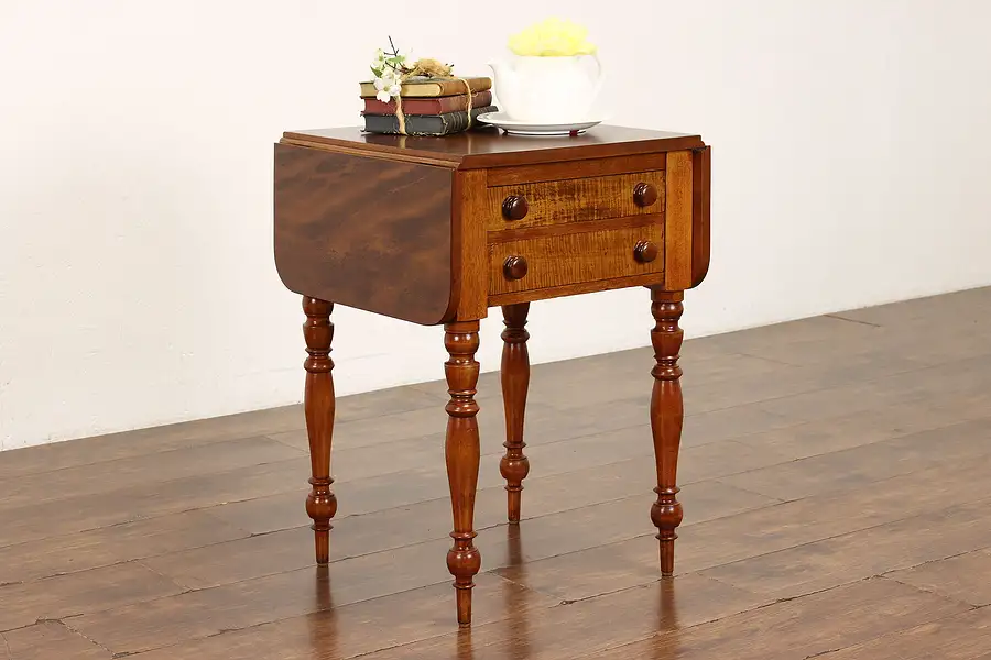 Main image of Sheraton Antique Tiger Maple & Birch Drop Leaf Pembroke Table Nightstand