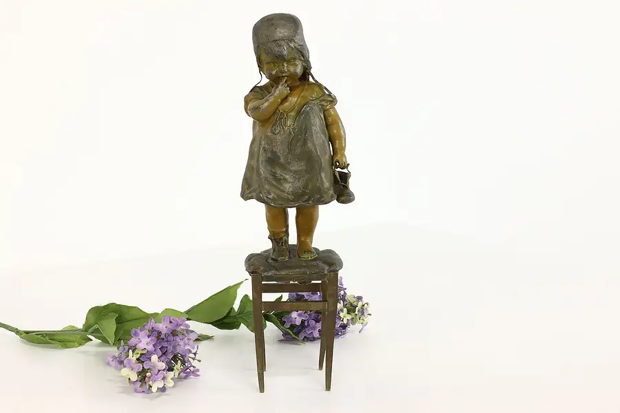 Main image of Victorian Antique Young Child on Stool Sculpture After Juan Clara