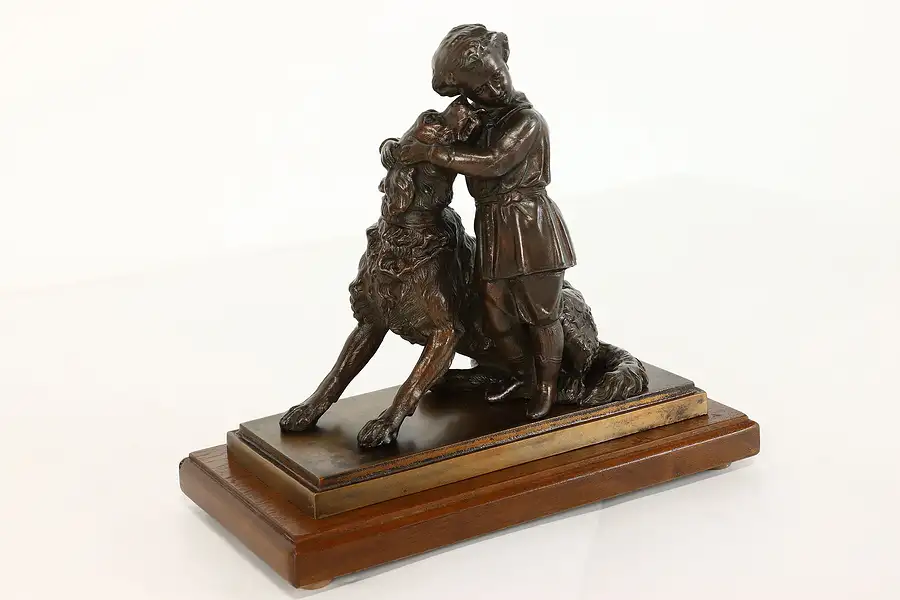 Main image of Girl Hugging Spaniel Dog Statue Antique Sculpture with Walnut Base