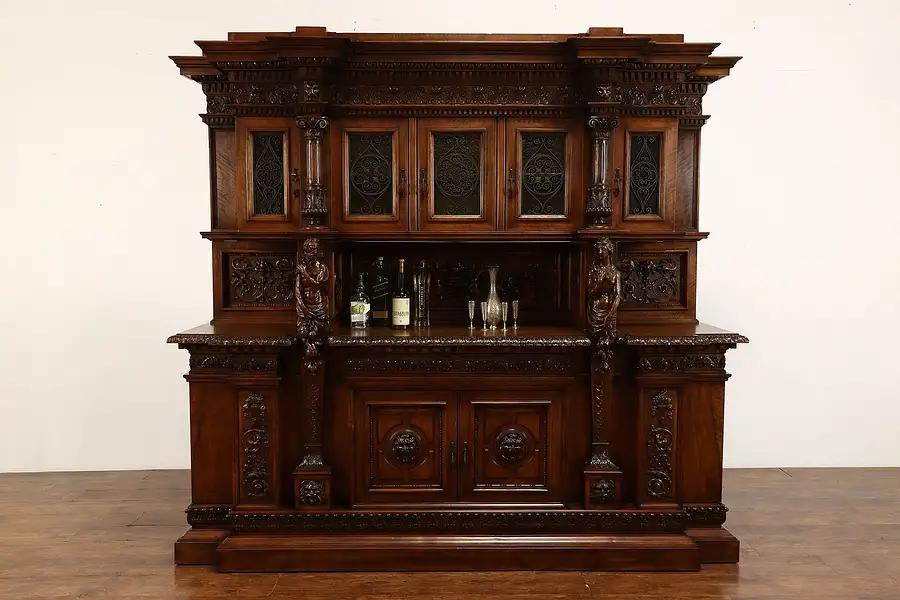 Main image of Italian Renaissance Carved Antique Back Bar Cabinet, Sideboard, Cantu