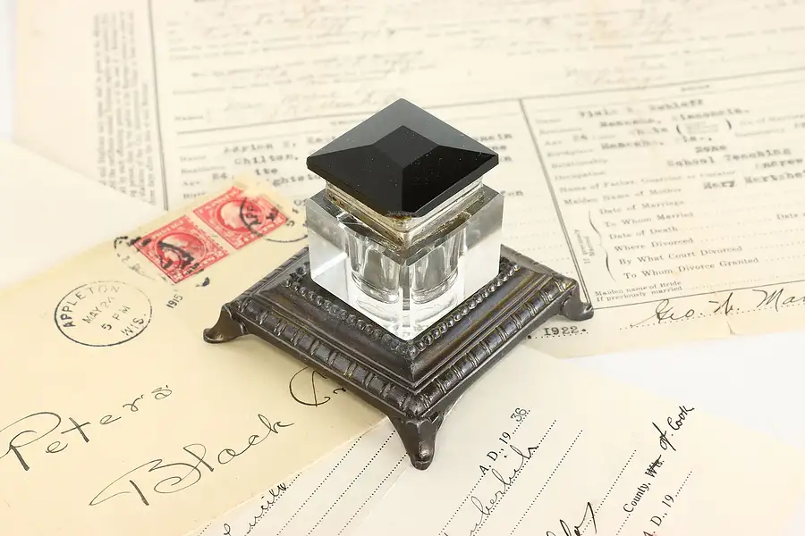 Main image of Victorian Antique Glass Inkwell & Lid On Metal Base