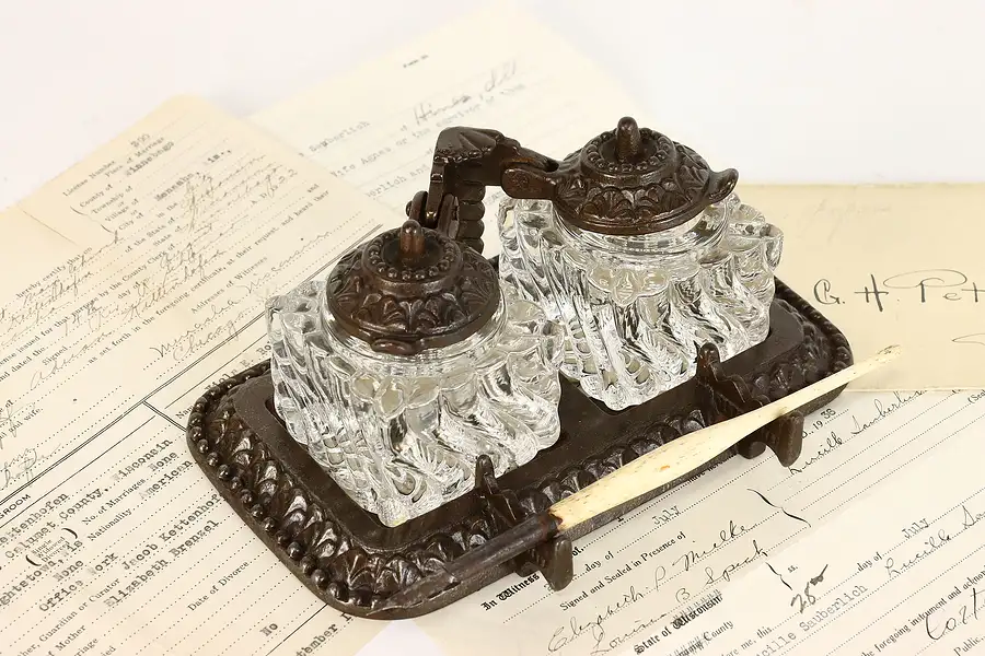 Main image of Victorian Antique Iron & Glass Double Inkwell with Bone Pen