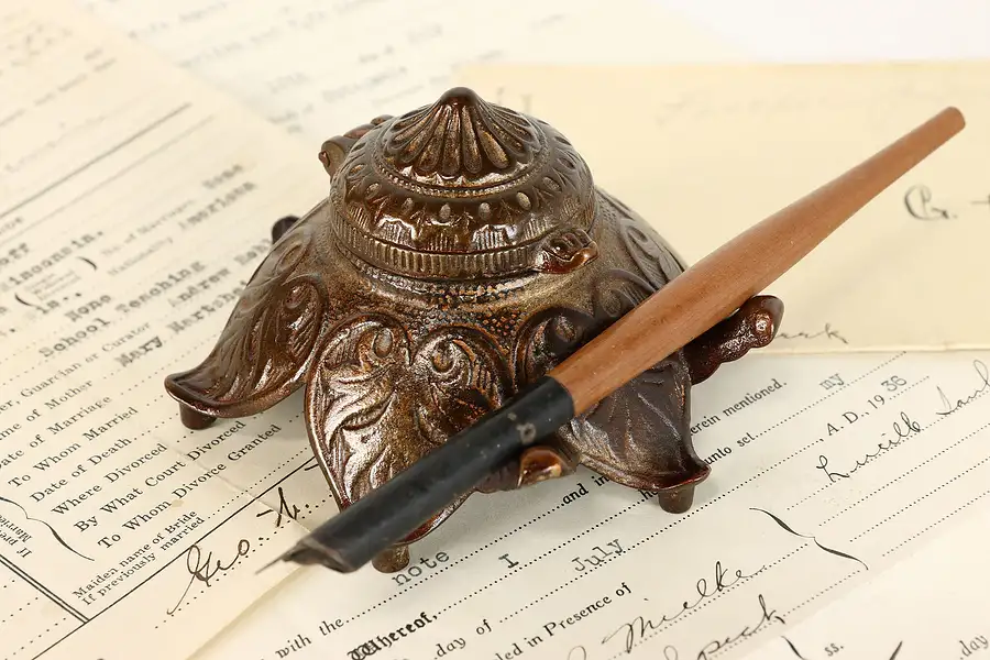 Main image of Victorian Antique Embossed Cast Iron & Glass Inkwell & Pen Holder