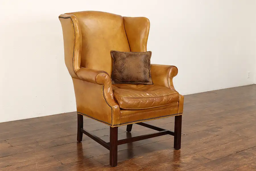 Main image of Traditional Vintage Leather & Birch Wingback Chair, Brass Nailheads