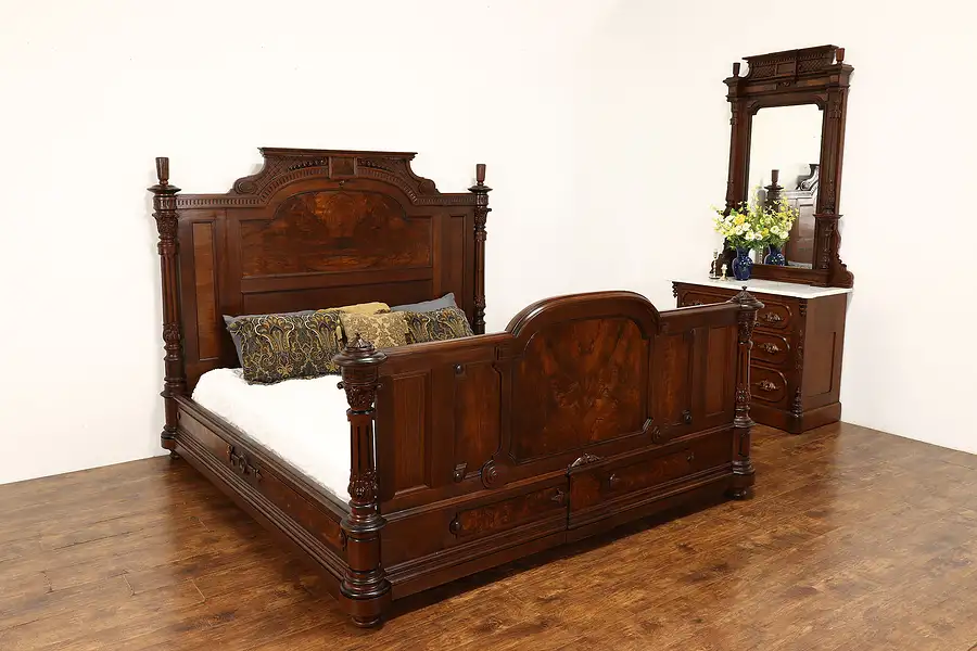 Main image of Victorian Hand Carved Walnut Antique Bedroom Set King Size Bed & Dresser