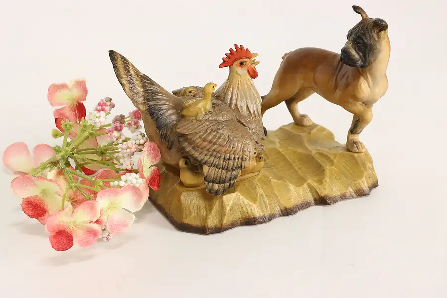 Main image of Boxer Dog & Mother Hen Hand Carved Vintage Alpine Sculpture, Anri