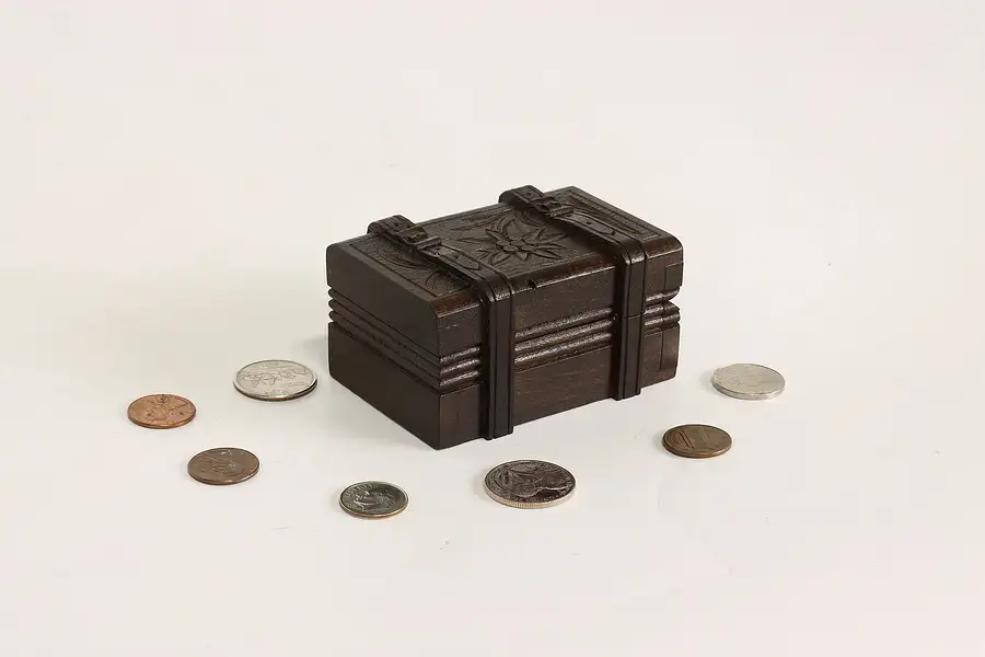 Main image of Swiss Black Forest Vintage Miniature Puzzle Box. Hand Carved Flowers