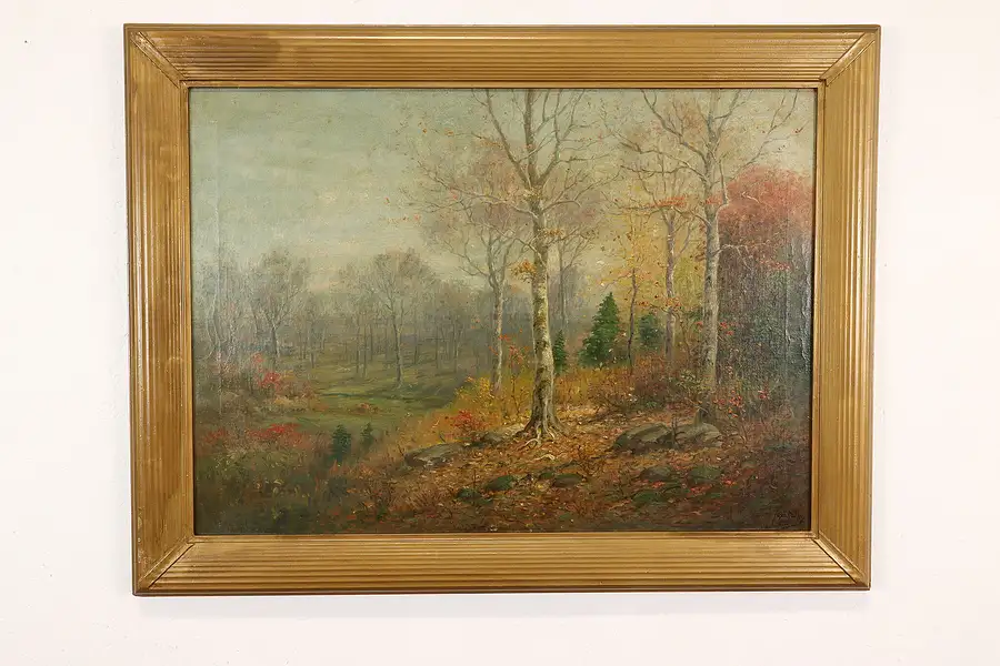 Main image of Woodlands in Autumn Antique Original Oil Painting, Colby 43"