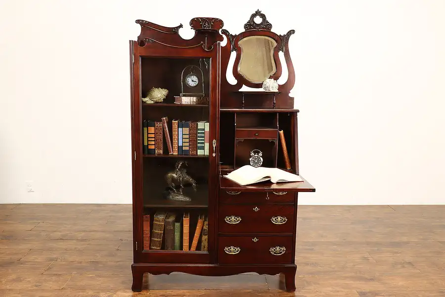 Main image of Victorian Antique Carved Side By Side Secretary Desk & Bookcase, Mirror