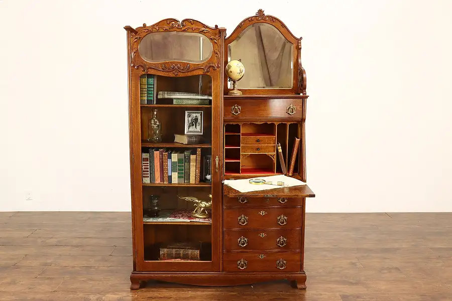 Main image of Victorian Antique Oak Side by Side Secretary Desk & Bookcase, Wavy Glass