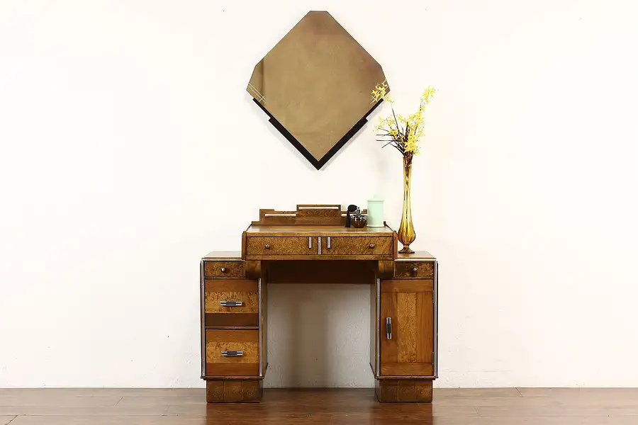 Main image of Art Deco Vintage Walnut & Curly Maple Vanity or Dressing Table & Mirror