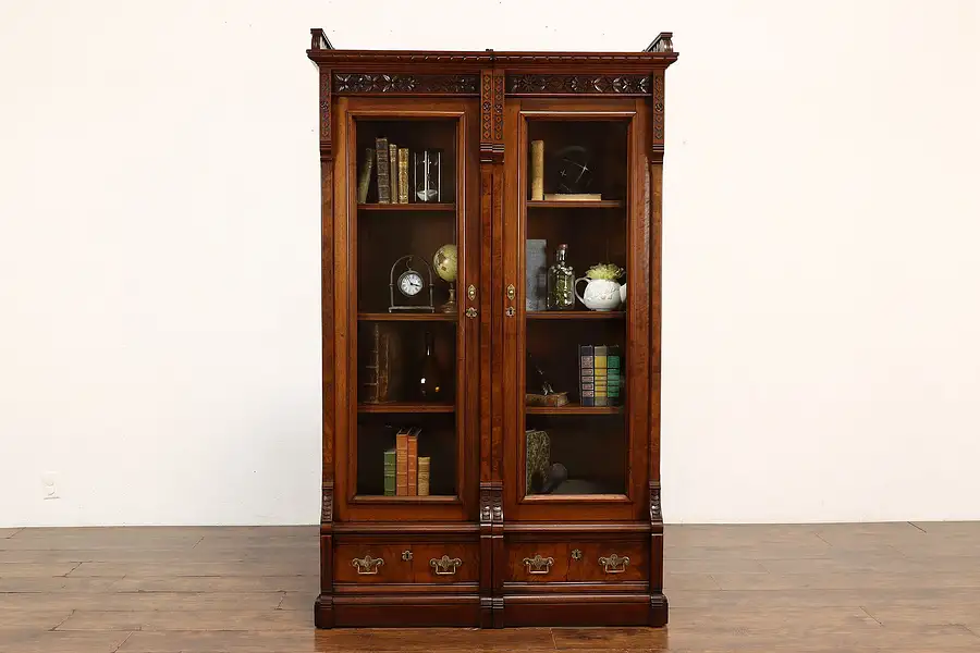 Main image of Victorian Eastlake Antique Carved Walnut & Burl Office Library Bookcase