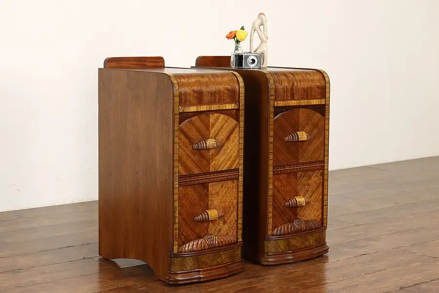 Main image of Pair of Art Deco Vintage Waterfall Nightstands, End or Lamp Tables