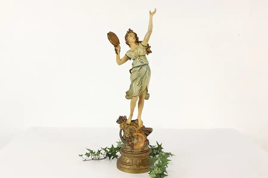 Main image of Dancing Woman & Tambourine Antique Statue Painted Sculpture