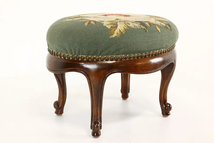 Main image of Country French Carved Birch Vintage Footstool, Needlepoint Upholstery