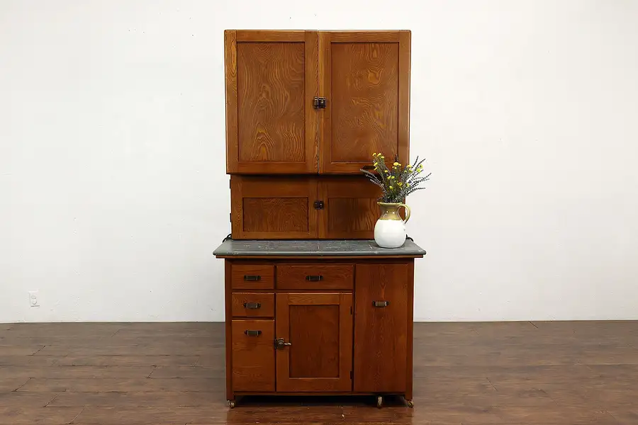 Main image of Farmhouse Antique Oak Kitchen Pantry Cupboard Hoosier Cabinet, Elwell