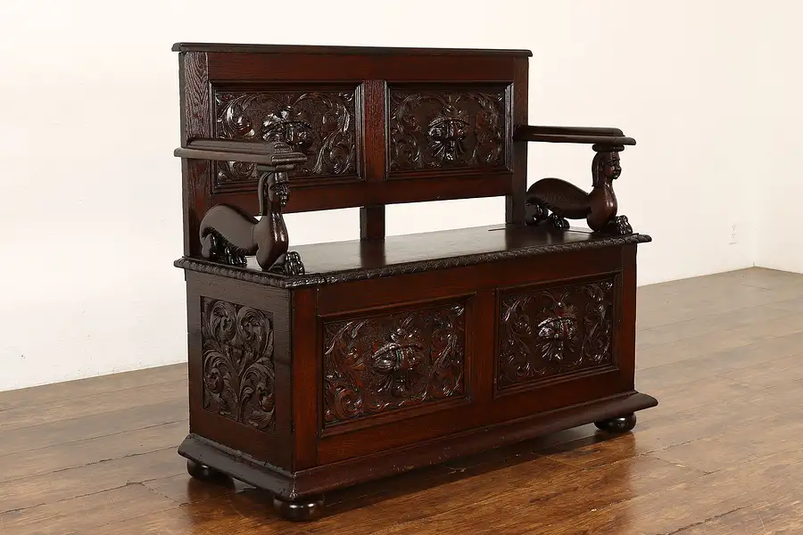 Main image of Renaissance Antique Oak Hall Bench, Carved Lions, Storage under Seat