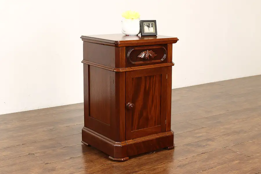 Main image of Victorian Antique Mahogany Nightstand, End or Lamp Table, Carved Pull