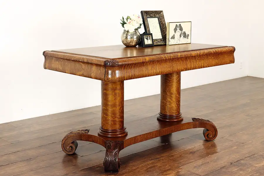 Main image of Empire Antique Quarter Sawn Carved Oak Library Table or Office Desk