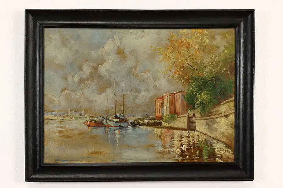 Main image of Boats on Canal Antique Original Oil Painting, Hartlein 28.5"