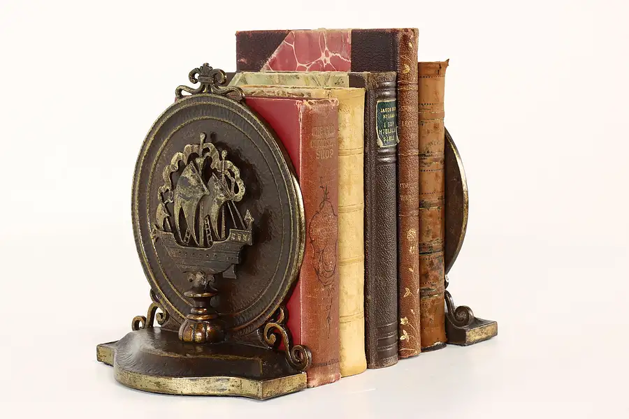 Main image of Pair of Antique Bronze Clipper Ship Bookends, Wolf Head Prows