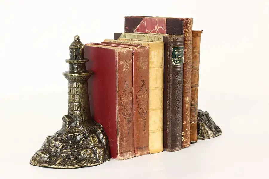 Main image of Pair of Antique Patinated Bronze Lighthouse Bookends