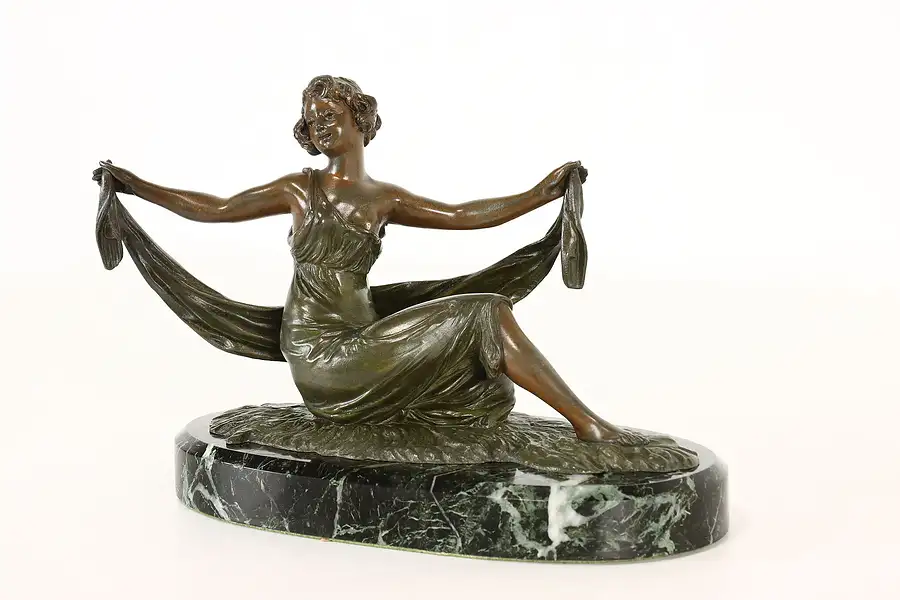 Main image of Art Deco Antique French Woman & Scarf Sculpture with Marble Base, Paris