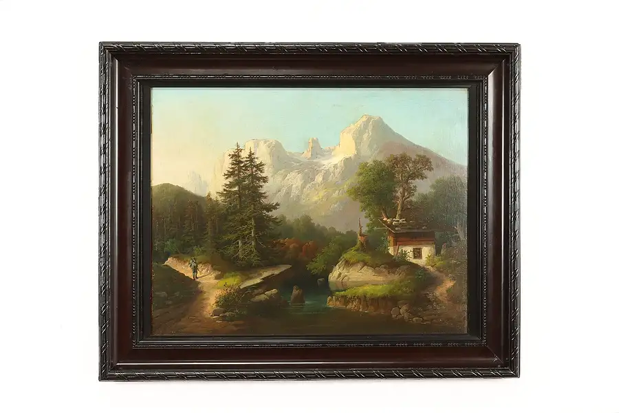 Main image of Mountain Cabin & Hunter Antique Original Oil Painting 35.5"