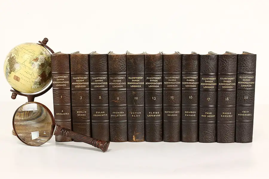 Main image of Set of 11 Leatherbound & Gold Tooled Danish Encyclopedia Books