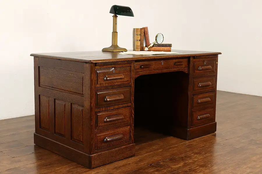 Main image of Traditional Antique Quarter Sawn Oak Office Library Desk, Raised Panels