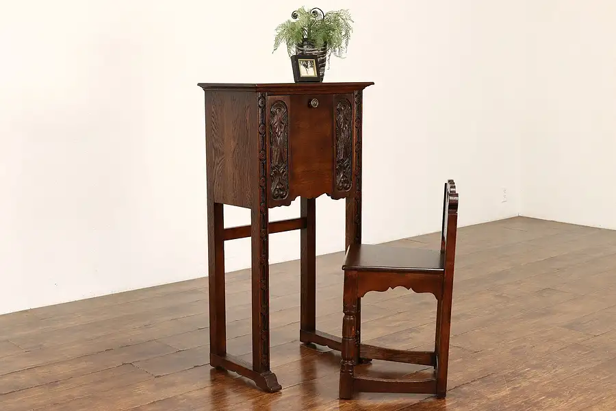 Main image of Craftsman Carved Oak Antique Telephone Stand & Chair Set, Lifetime