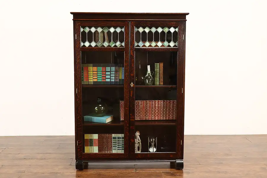 Main image of Arts & Crafts Antique Oak Office Bookcase, Stained Leaded Glass, Larkin