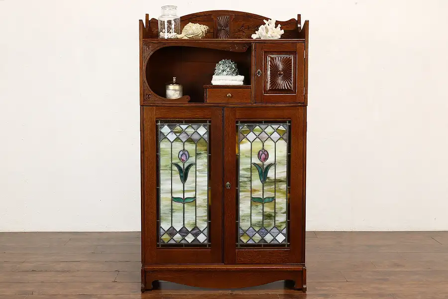 Main image of Arts & Crafts Antique Leaded & Stained Glass Bookcase, Bathroom Cabinet