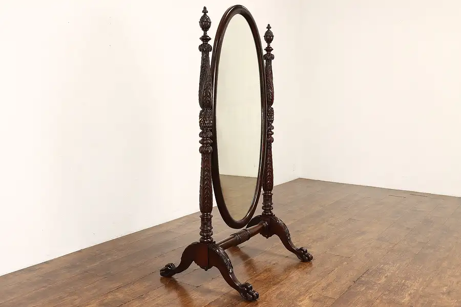 Main image of Empire Antique Cheval Dressing Mirror, Acanthus Carved Lion Paws